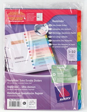 01735501 - Zahlen Register 1-10 aus Spezialkarton, DIN A4, mehrfarbig mit 5 farbigen Taben