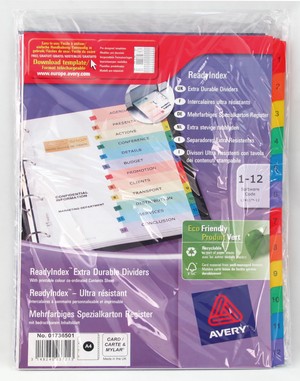 01736501 - Zahlen Register 1-12 aus Spezialkarton, DIN A4, mehrfarbig mit 6 farbigen Taben