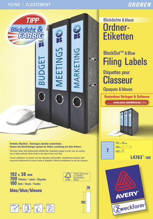 L4763-100 - Ordnerrückenetiketten 192x38 mm, 100 Bögen, kurz, blau