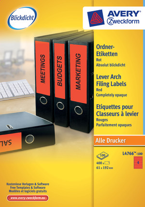 L4766-100 - Avery Zweckform Ordnerrückenetiketten 192x61 mm, 100 Bögen, kurz, rot