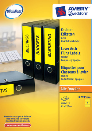 L4769-100 - Avery Zweckform Ordnerrückenetiketten 192x61 mm, 100 Bögen, kurz, gelb