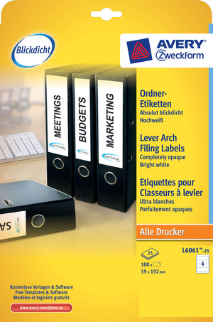 L6061-25 - Ordnerrückenetiketten 192x59 mm, 25 Bögen, kurz, weiß