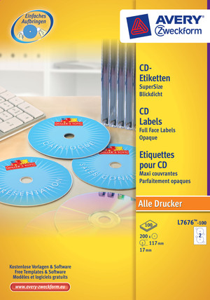 L7676-100 - Avery Zweckform CD-Etiketten SuperSize, Durchmesser 117 mm, 100 Bögen