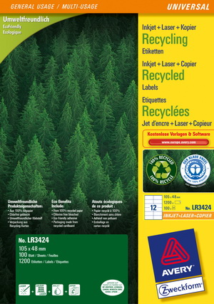 LR3424 - Avery Zweckform Recycling Etiketten 105x48 mm, 100 Bögen