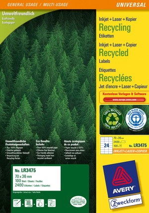 LR3475 - Avery Zweckform Recycling Etiketten 70x36,0 mm, 100 Bögen