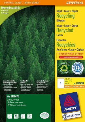 LR3478 - Avery Zweckform Recycling Etiketten 210x297 mm, 100 Bögen