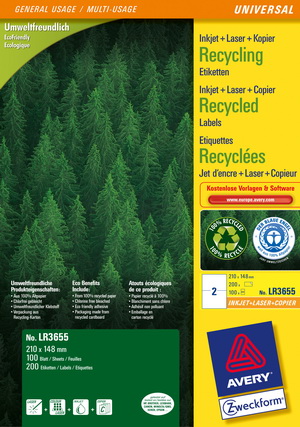 LR3655 - Avery Zweckform Recycling Etiketten 210x148 mm, 100 Bögen