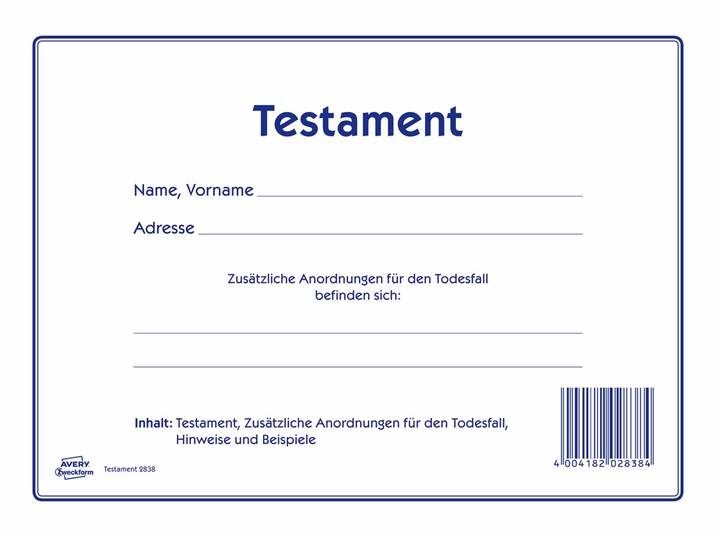 avery zweckform testament umfangreiches vordruckset zur erstellung eines  testaments, 220 x 163 mm, 10 blatt