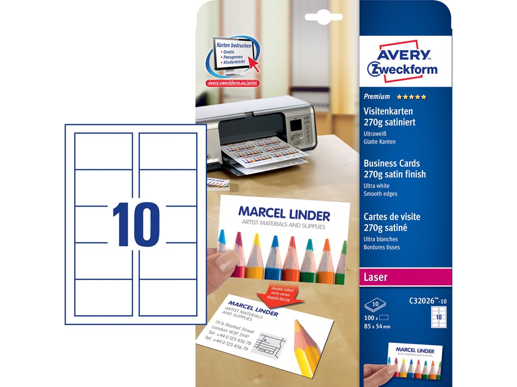 SIGEL LP802, 85x55 mm (A4), visitekaartjes, 3C, glad gesneden rondom, 250 g/m², bedrukbaar, helder wit, 800 stuksgelijk aan80 vellen