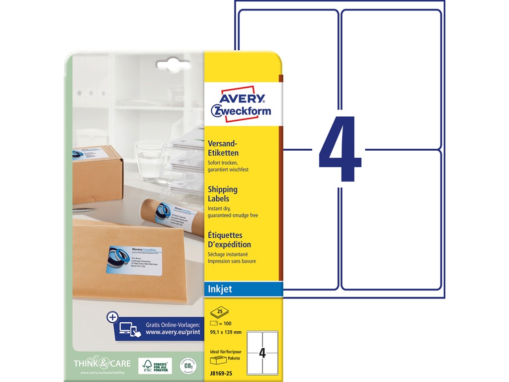 Avery Zweckform J8169-25 Versand-Etiketten, 99,1 x 139 mm, weiß