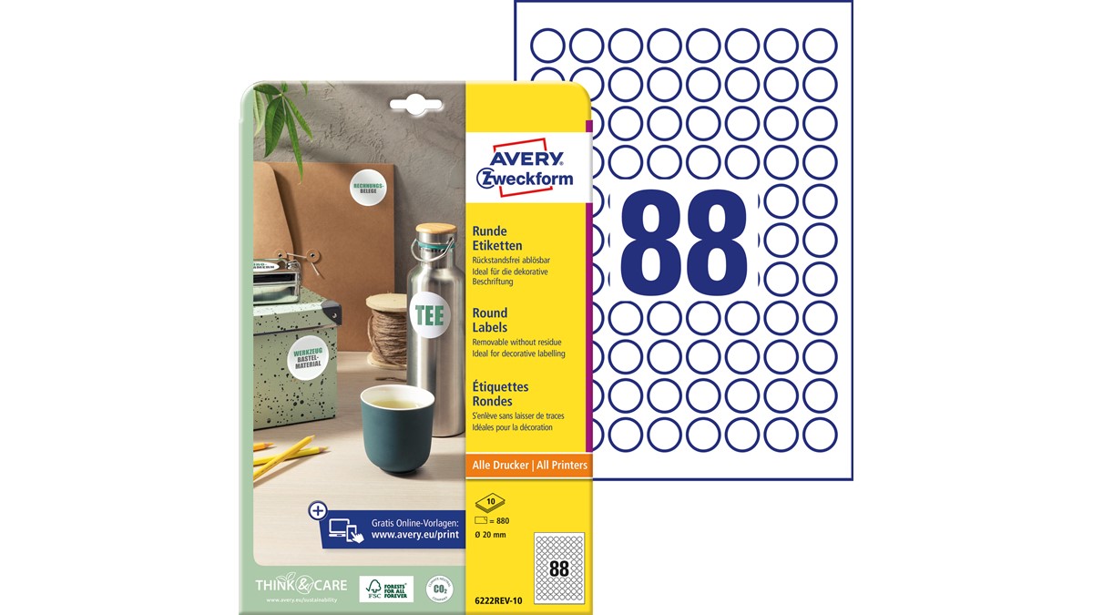 AVERY Zweckform 6228-10 ronde etiketten (80 plakpunten, 69 mm op A4, ronde stickers om te bedrukken, zelfklevende productetiketten, permanent hechtende jametiketten), 10 vellen, wit