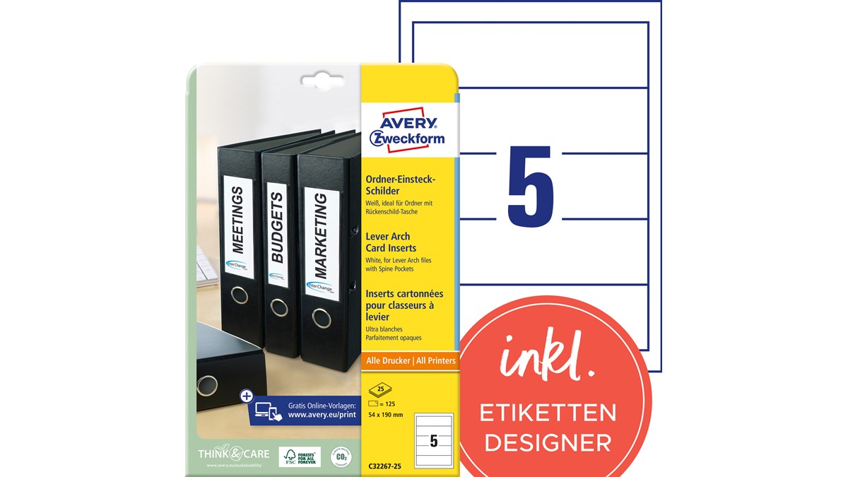 Avery Zweckform C32267-25 Ordner-Einsteck-Schilder, 190 g/m²