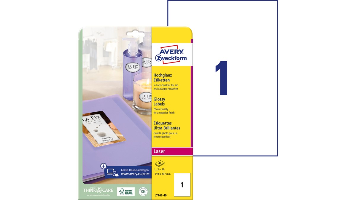 Avery Zweckform L7767-40 Hochglanz-Etiketten, 210 x 297 mm, weiß