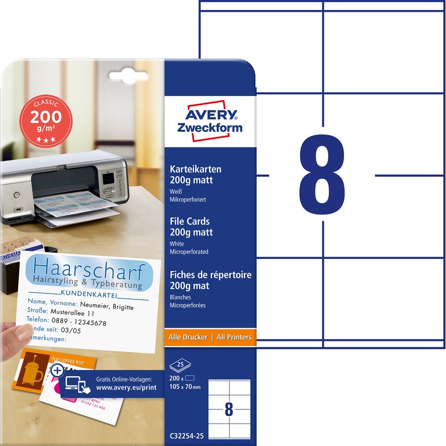 Cartes Chevalets Avery Zweckform A4 - 25 Feuilles Micro-Perforées, 4 Cartes 110x40 Mm Par Feuille