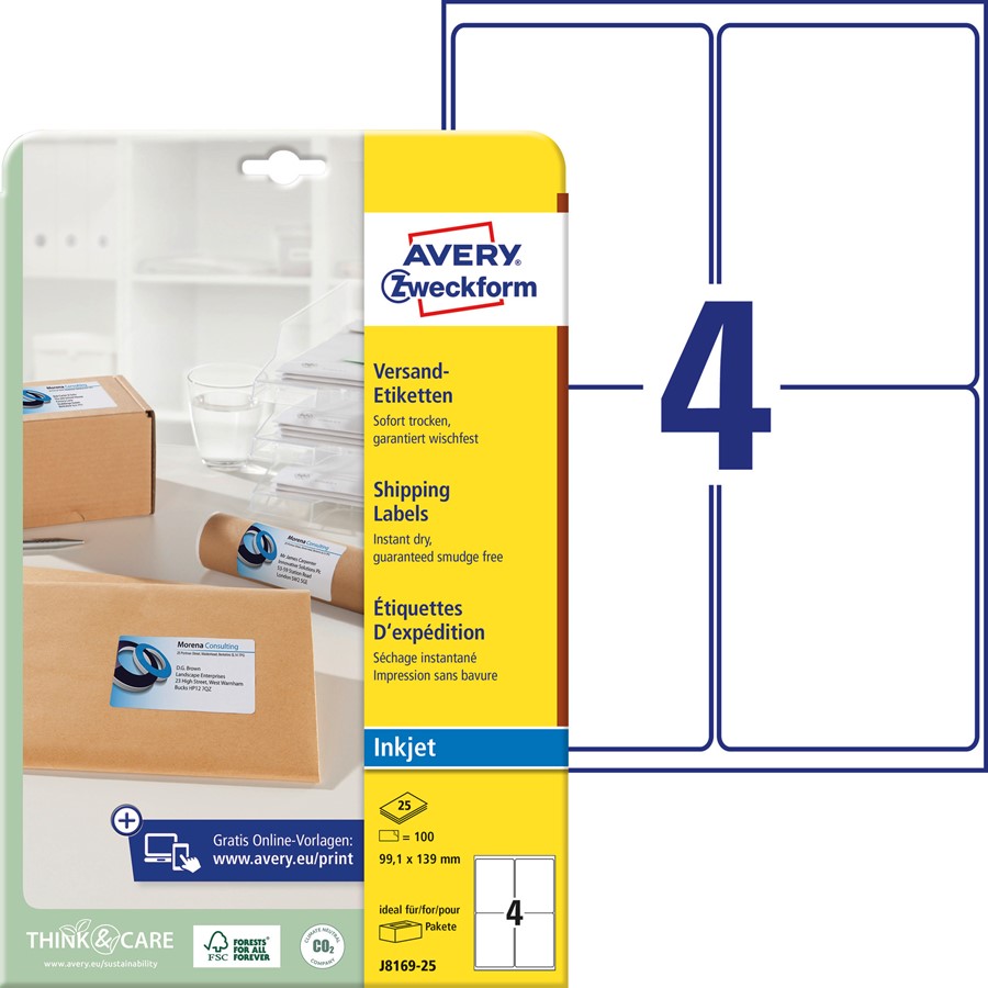 Avery Zweckform J8169-25 Versand-Etiketten, 99,1 x 139 mm, weiß