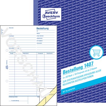 Avery Zweckform 1407, Bestellung A5 1. und 2. Blatt bedruckt, Blatt 3: weiß und ohne Perforation zum Verbleib im Buch, 3x50 Blatt
