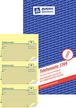 Avery Zweckform 1744, Telefon-/Telefaxnotiz, selbstdurchschreibend, 102 Haftnotizen mit Belegkopie