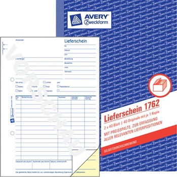 Avery Zweckform 1762, Lieferschein mit Preisspalte, 1. und 2. Blatt bedruckt, selbstdurchschreibend, A5, 2x40 Blatt