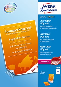 Avery Zweckform 1998, Superior Colour Laser Photopapier, beidseitig beschichtet, matt, A4, 170g, 200 Blatt