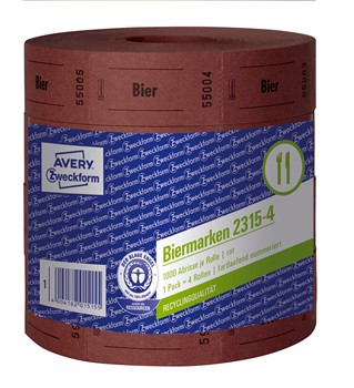 Avery Zweckform 2315-4, Biermarken, 57 x 30 mm, fortlaufend nummeriert, 4 Rollen je 1000 Bons, rot