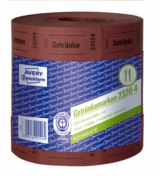 Avery Zweckform 2320-4, Getränkemarken, 57 x 30 mm, fortlaufend nummeriert, 4 Rollen je 1000 Bons, rot