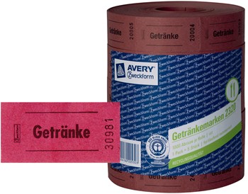 Avery Zweckform 2320, Bon-Rollen Getränkemarken rot, 57x30 mm, fortlaufend nummeriert, 1Rolle (=1000 Stück)