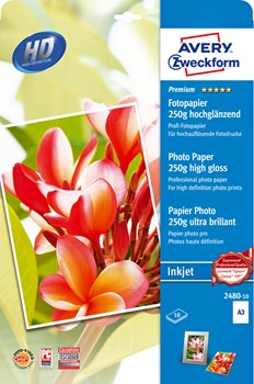 Avery Zweckform 2480-10, Premium Inkjet Photo Papier hochglänzend A3 250g 10 Blatt