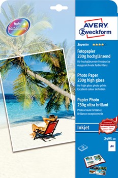 Avery Zweckform 2495-20, Superior Inkjet Photo Papier hochglänzend A4 230g 20 Blatt