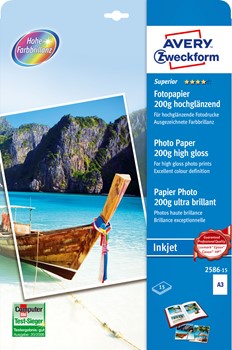 Avery Zweckform 2586-15, Superior Inkjet Photo Papier hochglänzend A3 200g 15 Blatt