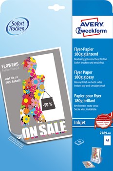 Avery Zweckform 2789-40, Inkjet Flyer-Papier, DIN A4, beidseitig beschichtet - glänzend, 180 g/m², 40 Blatt