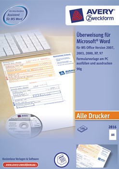 Avery Zweckform 2816, Überweisung/Zahlschein PC-Druckerformular, inklusive Software-CD, A4, 100 Blatt
