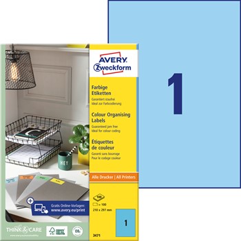 Avery Zweckform 3471, Etiketten 210x297 mm, 100 Bögen (= 100 Etiketten), blau, Multiprint