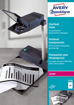 Avery Zweckform 3550, klare Overhead-Folien, A4, beschichtet, stapelverarbeitbar, mit kopfverleimten Unterpapier, 0,10 mm, 100 Blatt