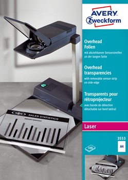Avery Zweckform 3553, klare Overhead-Folien, A4, beschichtet, stapelverarbeitbar, mit abziehbarem Sensorenstreifen an der langen Seite, 0,10 mm, 100 Blatt