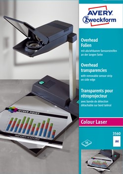 Avery Zweckform 3560, Overhead-Folien, A4, spezialbeschichtet für Farblaser-Drucker/ Kopierer, stapelverarbeitbar, mit abziehbarem Sensorstreifen an der langen Seite, 0,10 mm, 50 Blatt