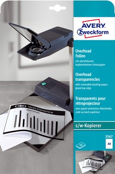 Avery Zweckform 3567, Overhead-Folien, A4, beschichtet für s/w-Kopierer, stapelverarbeitbar, mit kopfverleimten Unterpapier, 0,10 mm, 10 Blatt