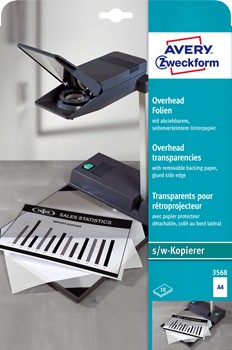 Avery Zweckform 3568, Overhead-Folien, A4, beschichtet für s/w-Kopierer, stapelverarbeitbar, mit seitenverleimten Unterpapier, 0,10 mm, 10 Blatt