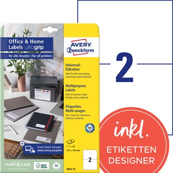 Avery Zweckform 3655-10, Universal-Etiketten 210x148 mm, 10 Bögen (= 20 Etiketten), MultiPrint, ultragrip