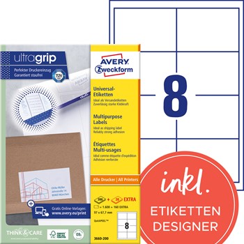 Avery Zweckform 3660-200, Etiketten 97x67,7mm weiß, A4, 200+20 Bögen, Multiprint, ultragrip