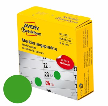 Avery Zweckform 3851, Markierungspunkte im Spender, Ø 10 mm, 1 Rolle/800 Etiketten, grün