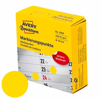 Avery Zweckform 3856, Markierungspunkte im Spender, Ø 19 mm, 1 Rolle/250 Etiketten, gelb