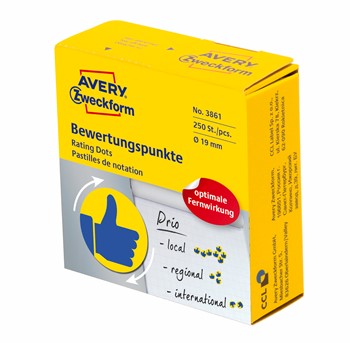 Avery Zweckform 3861, Bewertungspunkte, Daumen, im Spender, Ø 19 mm, 1 Rolle/250 Etiketten, blau/gelb