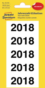 Avery Zweckform 43-218, Jahreszahlen Etiketten 2018, 60 x 26 mm, 1 Pack/100 Etiketten, weiß
