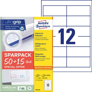 Avery Zweckform 4781-65, Universal-Etiketten, A4, ultragrip, 97 x 42,3 mm, 780 Etiketten / 65 Bögen, Weiß