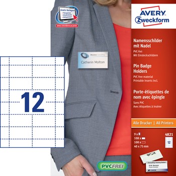 Avery Zweckform 4821xxx, Namensschilder, 40 x 75 mm, 100 Hüllen + 108 mikroperf. Einsteckschilder, mit Nadel