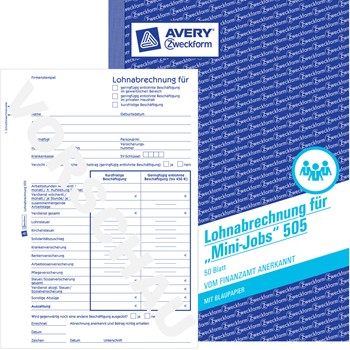 Avery Zweckform 505-3, Lohnabrechnung für geringfügig oder kurzfristig Beschäftigte "Mini-Jobs" 2-seitig bedruckt, mit 2 Blatt Blaupapier, A5, 50 Stück, 3er Pack
