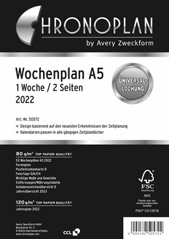 Chronoplan Wochenplan 2022, DIN A5 (148 x 210 mm), 1 Woche/2 Seiten, Anordnung in Zeilen, weiß (Avery Zweckform 50572)
