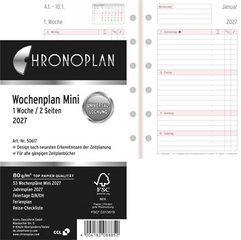 Chronoplan Wochenplan Mini Kalendarium, 2027, Anordnung in Zeilen, Mini, weiß (Avery Zweckform 50617)