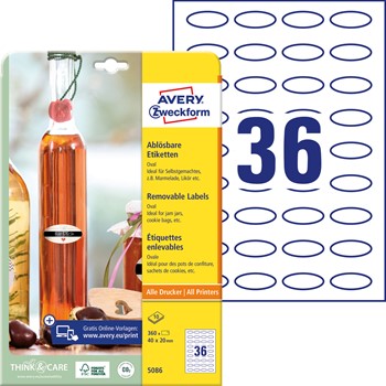 Avery Zweckform 5086, Universal-Etiketten, A4 40 x 20 mm oval, 10 Bogen/360 Etiketten, weiß