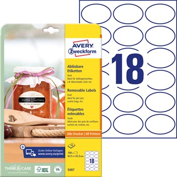 Avery Zweckform 5087, Universal-Etiketten, A4 63,5 x 42,3 mm oval, 10 Bogen/180 Etiketten, weiß